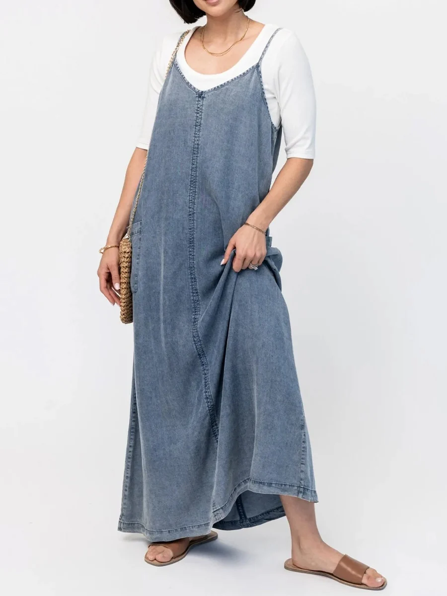 Vintage-Inspired Loose Fit Denim Maxi Dress
