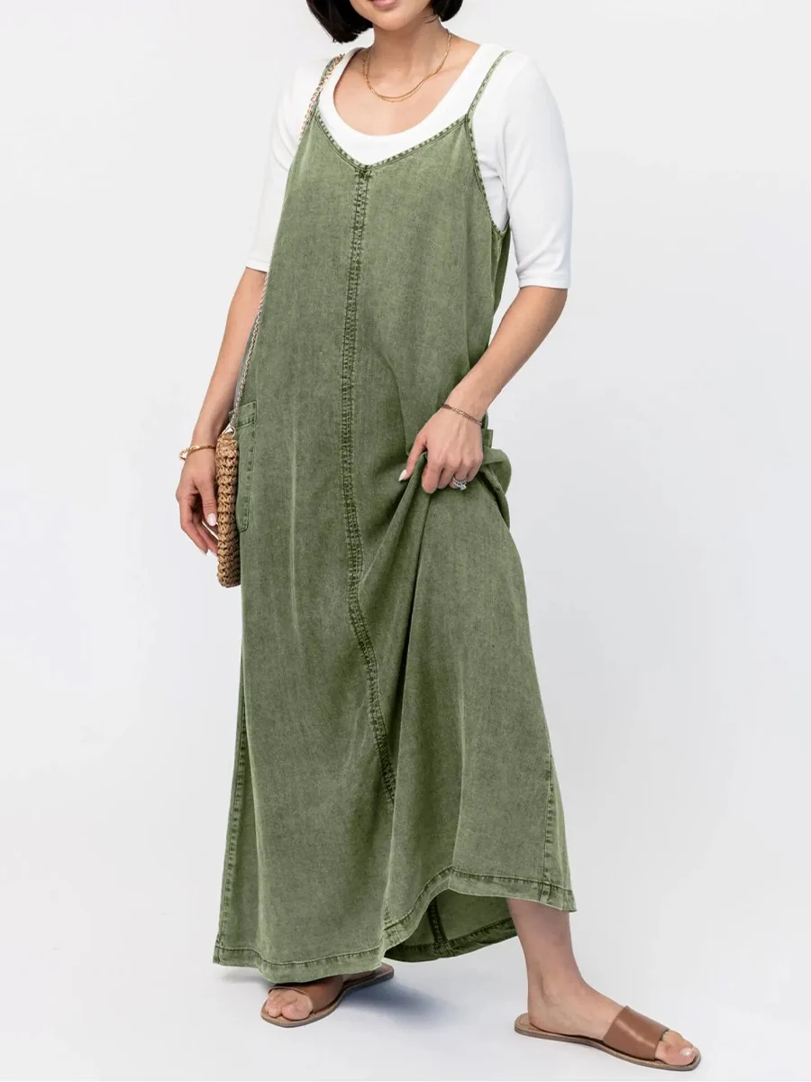 Vintage-Inspired Loose Fit Denim Maxi Dress